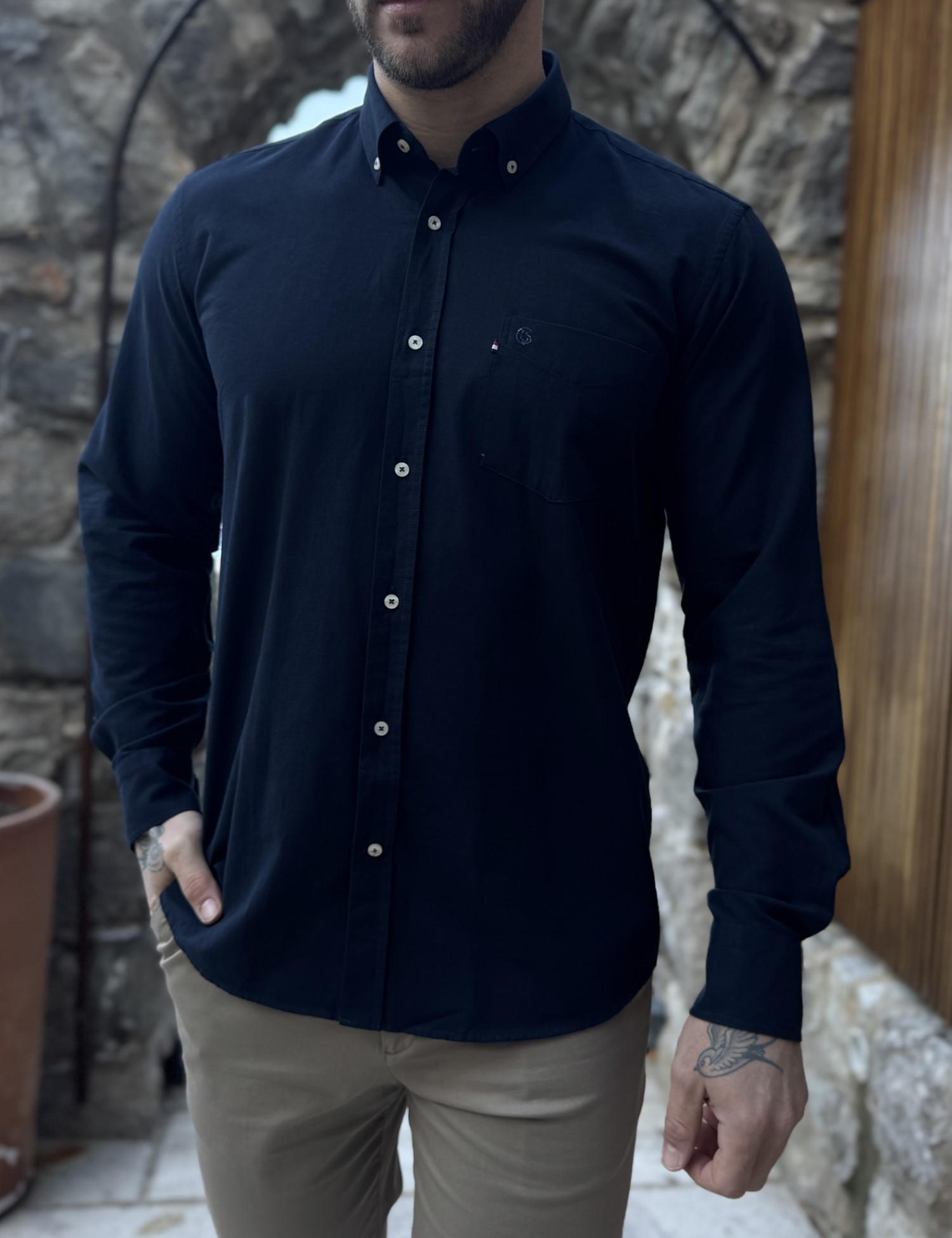 Ανδρικό μπλε navy βαμβακερό πουκάμισο Oxford 966Ν